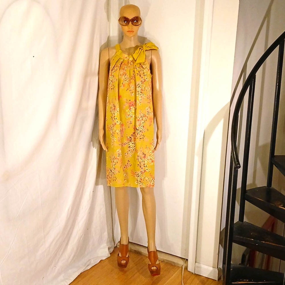 Stunning NWOT Bellambia (Italy) Floral Yellow 100% Linen Dress